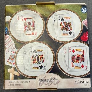 Vintage Set of 4 Stoneware Casino Plates, 8” Round
